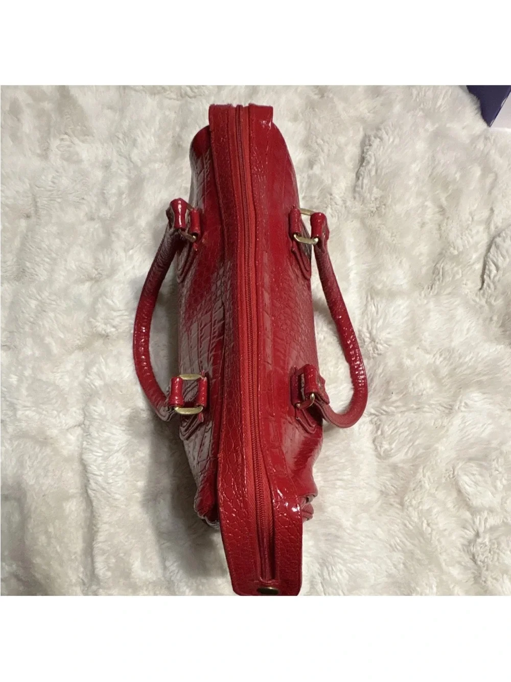 Red Patent Croc-Embossed Satchel Handbag